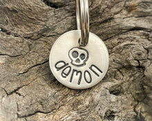Load image into Gallery viewer, Skull cat name tag, hand stamped with skull