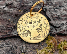 Load image into Gallery viewer, Christmas dog tag, hand stamped with Santa cabin and reindeer