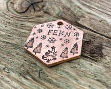 Load image into Gallery viewer, Hexagon dog tag, hand stamped with Christmas design & snowflakes