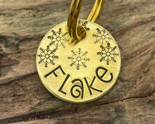 Load image into Gallery viewer, Christmas cat tag, hand stamped with snowflakes