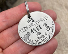Load image into Gallery viewer, Ocean dog tag & matching keychain, hand stamped dog lover gift with nautical design