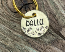 Load image into Gallery viewer, Cute cat name tag, hand stamped leaf and flower design
