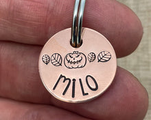 Load image into Gallery viewer, Halloween cat name tag, hand stamped spooky pumpkin and leaves