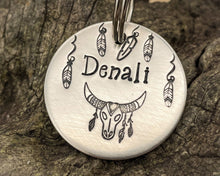Load image into Gallery viewer, Boho dog tag, hand stamped with longhorn and feathers