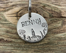 Load image into Gallery viewer, Cute dog id tag with mushrooms and cute gnome on a tree stump