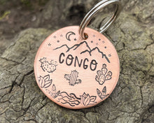 Load image into Gallery viewer, Mountain dog tag, hand-stamped with river, cactus and stars