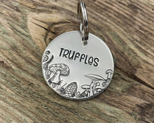 Load image into Gallery viewer, Fall dog tag, hand stamped with mushrooms, leaves and pine cone