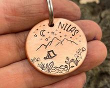 Load image into Gallery viewer, Mountain dog tag, hand-stamped with river, tent and stars
