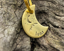 Load image into Gallery viewer, Moon cat tag, mini moon pet id tag with mountain and star design