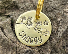 Load image into Gallery viewer, Small dog id tag, hand stamped with bunny and palm trees