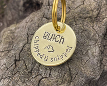 Load image into Gallery viewer, Microchipped dog tag, hand stamped with 'chipped & snipped'