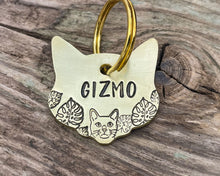 Load image into Gallery viewer, Cat head pet id tag, hand stamped with cute cat and leaves