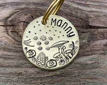 Load image into Gallery viewer, Hand stamped dog id tag with mushrooms and spooky pumpkins