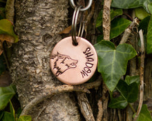 Load image into Gallery viewer, Small dog id tag, hand stamped with wolf head