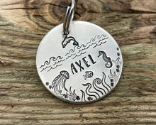 Load image into Gallery viewer, Ocean dog tag & matching keychain, hand stamped dog lover gift with nautical design