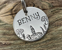 Load image into Gallery viewer, Cute dog id tag with mushrooms and cute gnome on a tree stump