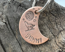 Load image into Gallery viewer, Moon dog tag, hand-stamped with howling wolf & moon