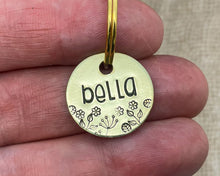 Load image into Gallery viewer, Cute cat name tag, hand stamped leaf and flower design