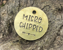 Load image into Gallery viewer, Microchipped dog tag, hand stamped with crown and phone number