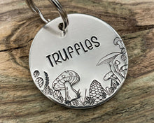 Load image into Gallery viewer, Fall dog tag, hand stamped with mushrooms, leaves and pine cone