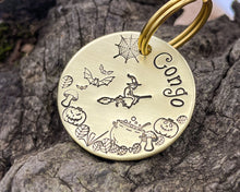 Load image into Gallery viewer, Halloween dog tag with cobwebs and witch