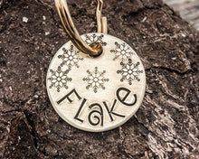 Load image into Gallery viewer, Christmas cat tag, hand stamped with snowflakes