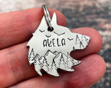 Load image into Gallery viewer, Wolf head dog tag, hand stamped metal dog tag with mountains & trees