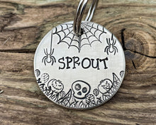 Load image into Gallery viewer, Spooky dog tag with cobwebs, spiders and pumpkins