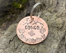 Load image into Gallery viewer, Mountain dog tag, hand-stamped with river, cactus and stars