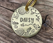 Load image into Gallery viewer, Flower dog tag, hand stamped pet id tag with cute flower and bee design