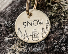 Load image into Gallery viewer, Christmas dog tag, small pet tag with snowman and trees
