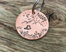Load image into Gallery viewer, Mountain dog tag, hand-stamped with river, tent and stars