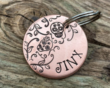 Load image into Gallery viewer, Sugar skull dog tag with leaf design