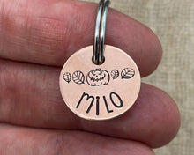 Load image into Gallery viewer, Halloween cat name tag, hand stamped spooky pumpkin and leaves