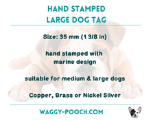 Load image into Gallery viewer, Ocean dog tag, hand stamped with sharks and lighthouse