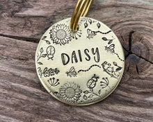 Load image into Gallery viewer, Flower dog tag, hand stamped pet id tag with cute flower and bee design