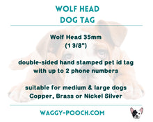 Load image into Gallery viewer, Wolf head dog tag, hand stamped metal dog tag with mountains & trees
