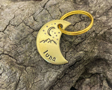 Load image into Gallery viewer, Moon cat tag, mini moon pet id tag with mountain and star design