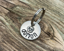 Load image into Gallery viewer, Skull cat name tag, hand stamped with skull