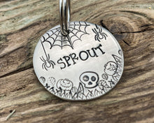Load image into Gallery viewer, Spooky dog tag with cobwebs, spiders and pumpkins