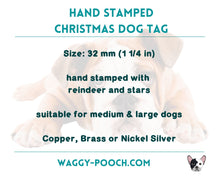 Load image into Gallery viewer, Winter dog id tag, hand stamped with reindeer and stars