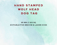 Load image into Gallery viewer, Wolf head dog tag, handstamped with wolf & trees