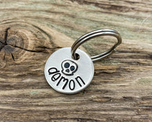 Load image into Gallery viewer, Skull cat name tag, hand stamped with skull