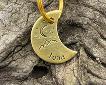 Load image into Gallery viewer, Moon cat tag, mini moon pet id tag with mountain and star design