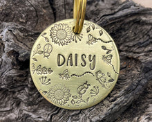 Load image into Gallery viewer, Flower dog tag, hand stamped pet id tag with cute flower and bee design