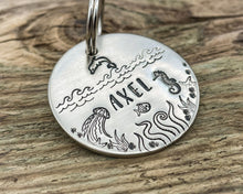 Load image into Gallery viewer, Ocean dog tag & matching keychain, hand stamped dog lover gift with nautical design