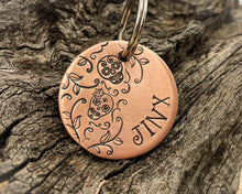 Load image into Gallery viewer, Sugar skull dog tag with leaf design