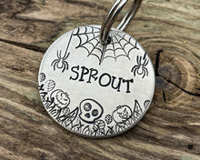 Load image into Gallery viewer, Spooky dog tag with cobwebs, spiders and pumpkins
