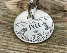 Load image into Gallery viewer, Ocean dog tag & matching keychain, hand stamped dog lover gift with nautical design