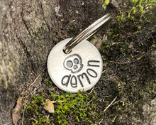 Load image into Gallery viewer, Skull cat name tag, hand stamped with skull